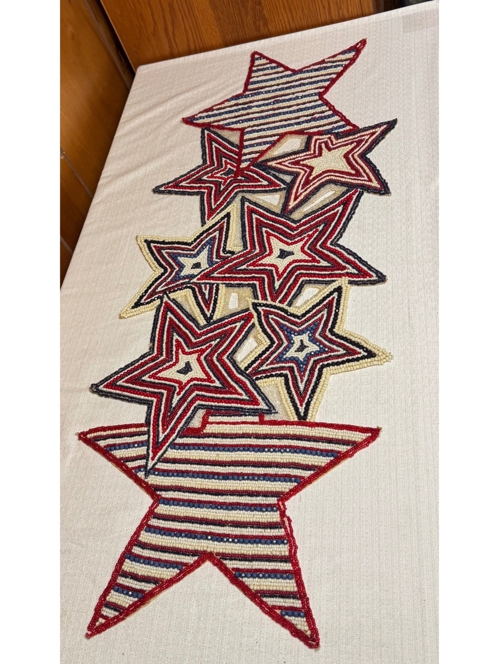 Pier 1 Beaded Patriotic Star Table Runner Americana 4th of July 13x35